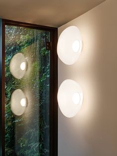 three lights are mounted on the wall in front of a glass door with plants behind it