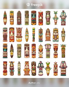 an assortment of tiki totems with different designs and colors on white background