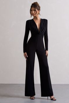 Lawyer Outfit, Jersey Jumpsuit, Club L London, Black Dress Prom, Black Tie Gala, Black Clutch, Black Sequin Dress, Black Velvet Dress, Plunge Neckline