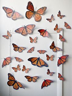 a group of butterflies flying in the air on a white wall with text overlay