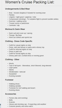 the women's cruise packing list is shown in this screenshoto image,