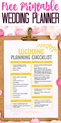 a free printable wedding planning checklist on a clipboard with flowers around it