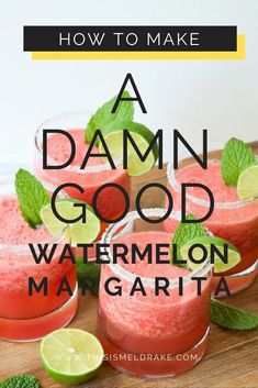 three glasses filled with watermelon margaritas on top of a wooden cutting board