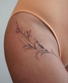 Inner Thigh Hip Tattoo, Underbreast Tattoo Fine Line, Large Lavender Tattoo, Fine Line Flower Hip Tattoo, Hip Flexor Tattoo, Flower Tattoos Sternum, Leg Tattoos Women Fine Line, Fine Line Ribcage Tattoo, Leafy Hip Tattoo