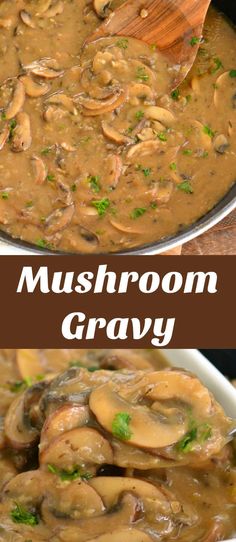 mushroom gravy in a white bowl with a wooden spoon on the side and an image of mushrooms