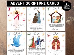 four christmas cards with pictures of the birth of jesus