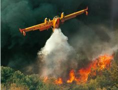 an airplane flying over a forest filled with fire