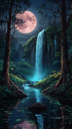 a painting of a waterfall in the middle of a forest with trees and water at night