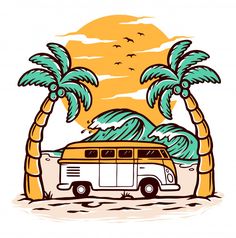 a van parked under palm trees on the beach