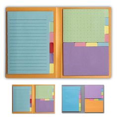 an open folder with sticky notes attached to the front and back sides, on a white background