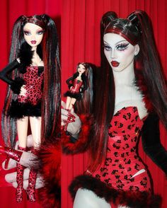 two dolls dressed in red and black with long hair, one is wearing a leopard print dress