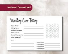 a wedding cake tasting card is shown