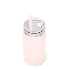 a pink tumbler with a straw in it on a white background and the lid is empty