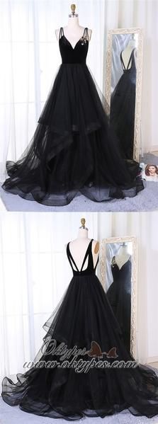 A-Line V-Neck Sweep Train Pleated Tiered Black Tulle Prom Dresses, TYP1397 #prom #promdresses #longpromdresses #prompartydresses Black Tulle Prom Dress, Star Sequins, Prom Dresses Simple, Prom Dresses 2018, Prom Dresses Modest, Black Prom Dress, Gowns Prom, Black Prom, Backless Prom Dresses