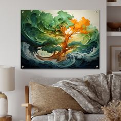 a living room scene with focus on the couch and painting hanging above it's head