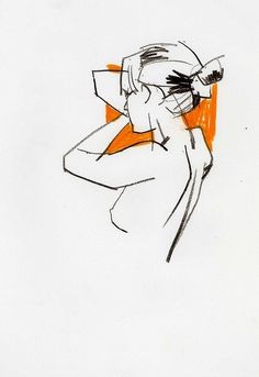 a drawing of a woman holding her hair in one hand and looking at the other