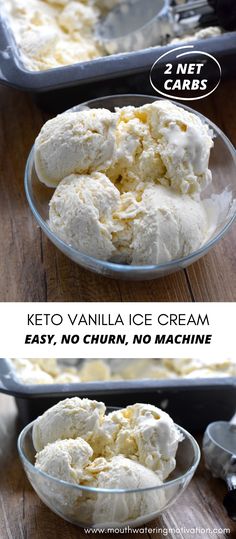 4 scoops of Keto vanilla ice cream served in a bowl with a loaf pan filled with additional low carb vanilla ice cream in the background and an ice cream scoop to the right of the bowl. Low Carb Ice Cream Recipe, Desayuno Keto, Vanilla Ice Cream Recipe, Keto Lasagna, Low Carb Ice Cream, Homemade Vanilla Ice Cream, Keto Ice Cream, Low Carb Dessert