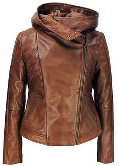 Sasha is women's top quality hooded leather jacket. Made with extra-soft and supple  premium lambskin leather. It has an assymetrical zipper cut on the closure. Stylish hoody with light patchwork on chest to give it more attitude.  Two exterior side pockets. A sexy, slip-on stylish fit. Made with 100% lambskin leather and fully lined with satin. Unique outer brown color, created with wax finish for added extravagance to the outer of this coat. Wear to impress! View Jacket Measurements Guide Hooded Leather Jacket, Leather Hoodie, Fall Fashion Coats, Bota Country, High Fashion Women, Leather Jacket With Hood, Lambskin Leather Jacket, Stylish Clothes For Women, Brown Leather Jacket