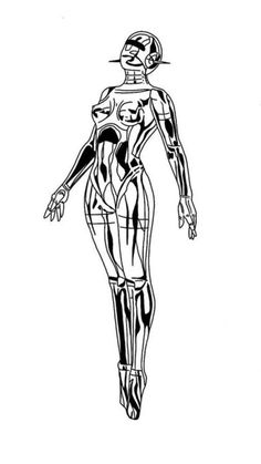 a black and white drawing of a woman in a body suit with her hands on her hips