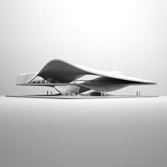 an architectural model of a building with multiple levels and curves on the roof, in front of a plain white background