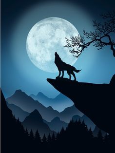 a wolf standing on top of a cliff in front of a full moon with trees