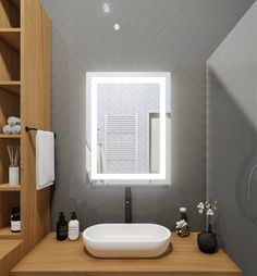 a bathroom with a sink, mirror and shelves