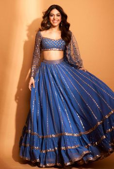 Vvani By Vani Vats | Dull Blue Linear Drop Tier Lehenga | INDIASPOPUP.COM Modern Lehenga, Royal Blue Lehenga, Dull Blue, Lehenga With Blouse, Vani Vats, Mirror Border, Net Blouse, Simple Lehenga, Latest Bridal Lehenga