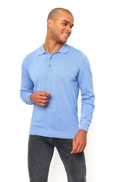 Crafted entirely from cotton, this long-sleeve polo is a comfortable option on cooler days. 25" length Spread collar Long sleeves 100% cotton Machine wash, dry flat Made in Turkey Model stats: 6'1" height, 32" waist. Blue Casual Polo Sweater With Polo Collar, Blue Casual Polo Sweater, Blue Polo Collar Sweater For Winter, Blue Polo Collar Sweater For Fall, Blue Collared Polo Sweater For Fall, Casual Blue Polo Shirt With Ribbed Collar, Blue Casual Polo Shirt With Ribbed Collar, Blue Polo Sweater For Fall, Blue Collared Polo Sweater For Winter