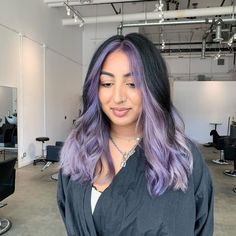 Purple Money Piece And Underneath, Unique Undercut Designs For Women, Split Dyed Hair Underneath Purple, Black And Purple Color Block Hair, Lavender Color Block Hair, Dipped Tips Hair, Lavender Split Dye, Lilac And Black Hair, Black Hair With Purple Money Piece