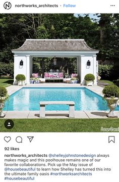 a pool with a gazebo in the middle and an outdoor kitchen on the other side