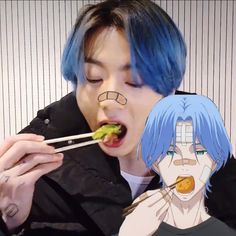 a man eating food with chopsticks in front of his face and an anime avatar behind him