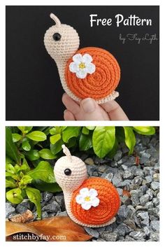 crocheted snail with flower on its shell is shown in two different views, and the