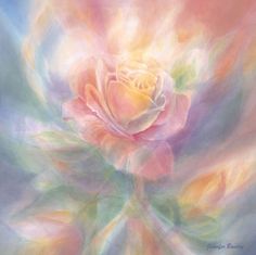 a pastel painting of a pink rose with green leaves on the bottom and yellow center