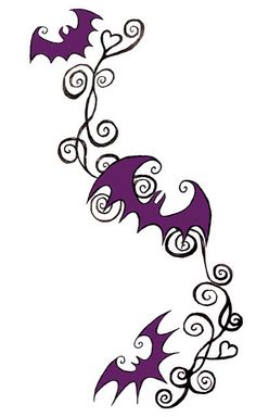 an artistic design with swirly vines and bats on it's side, in purple