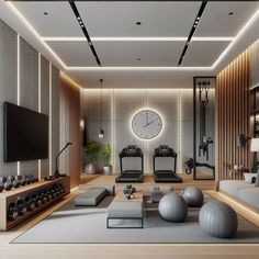 Modern Home Gym Sleek Equipment & Minimalist Design Home Gym Theatre Room, Gym Tv Room, Slat Wall Gym, Home Gym Spa, Modern Workout Room, Home Gym With Sauna, Modern Gym Design, Tonal Home Gym, Home Gym Decor Ideas