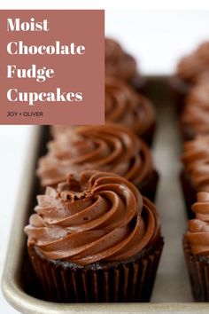 chocolate fudge cupcakes in a pan with the title overlay that reads, most chocolate fudge cupcakes