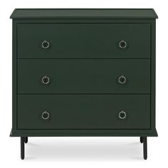 a green dresser with three drawers and two handles