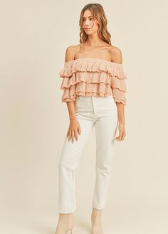 Layered, flirty and ruffled! This adorable lightweight knit top is just the right amount of dressy for that brunch mimosa or dinner and drinks! Easy to pair with white denim or just some cut offs for a casual day out Available in Small, Medium and Large Runs true to size, length to waist 100% Cotton Casual Spring Party Blouse, Chic Tops With Ruffle Hem For Night Out, Chic Tops With Ruffle Hem, Chic Summer Blouse With Ruffle Hem, Spring Night Out Blouse With Ruffle Hem, Spring Ruffle Sleeve Blouse For Night Out, Spring Ruffle Hem Blouse For Night Out, Cute Ruffled Summer Blouse, Cute Ruffled Blouse For Summer