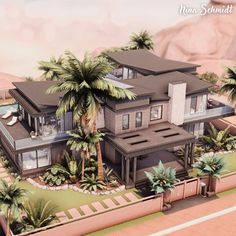 an artist's rendering of a house with palm trees in the foreground and mountains in the background