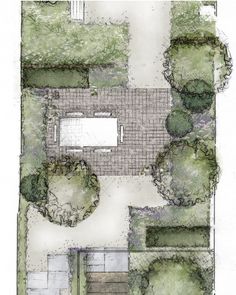 a drawing of a garden design with lots of trees and bushes on the side of it