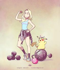 a woman standing next to a pikachu on top of a pile of balls