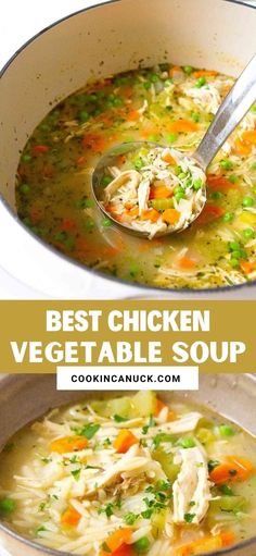 Ladle scooping chicken vegetable soup out of white saucepan. Diy Chicken Soup Recipes, Chicken Soup Recipes Without Noodles, Weight Watcher Chicken Soup Recipes, Vegetable Chicken Soup Crock Pots, Pressure Cooker Chicken Vegetable Soup, Ww Chicken Soup Recipes, Chicken Noodle Soup Veggies, Ww Chicken Vegetable Soup