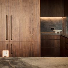 a kitchen with wooden cabinets and marble counter tops