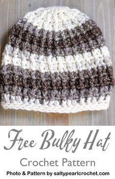 a crocheted hat with the words free bulky hat written in white and brown