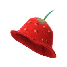 The handmade red strawberry wool felt fruit hat is perfect for festivals, fancy dress and cocktail parties. Each one is made in Nepal from wool felt to look just like your everyday fruits. Check our store to discover all the other fruits too!  SPECIFICATIONS: Product Type: Hats Colour: red and green Designs: strawberry Material: Wool Felt Material Details: Pure sheep wool  Number of hats included: 1 single hat  Shape: Fruit shaped Theme: Novelty Country of Origin: Nepal Product Care: Hand wash i Fruit Hat, Strawberry Hat, Felt Fruit, Strawberry Design, Hippie Culture, Handmade Fair, Red Strawberry, Felt Material, Fancy Dresses Party