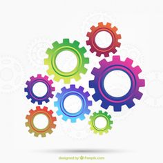 five colorful gears on a white background with space for your own text or image in the center