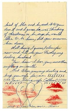 an old handwritten letter with red lipstick on it