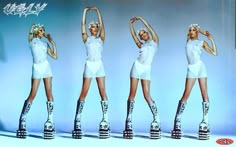 four photos of the same woman in white outfits and boots with their hands behind their backs