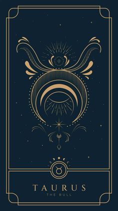 the zodiac sign taurus is shown in gold on a blue background with an ornate frame