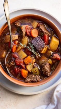 a bowl of stew with meat, potatoes and carrots